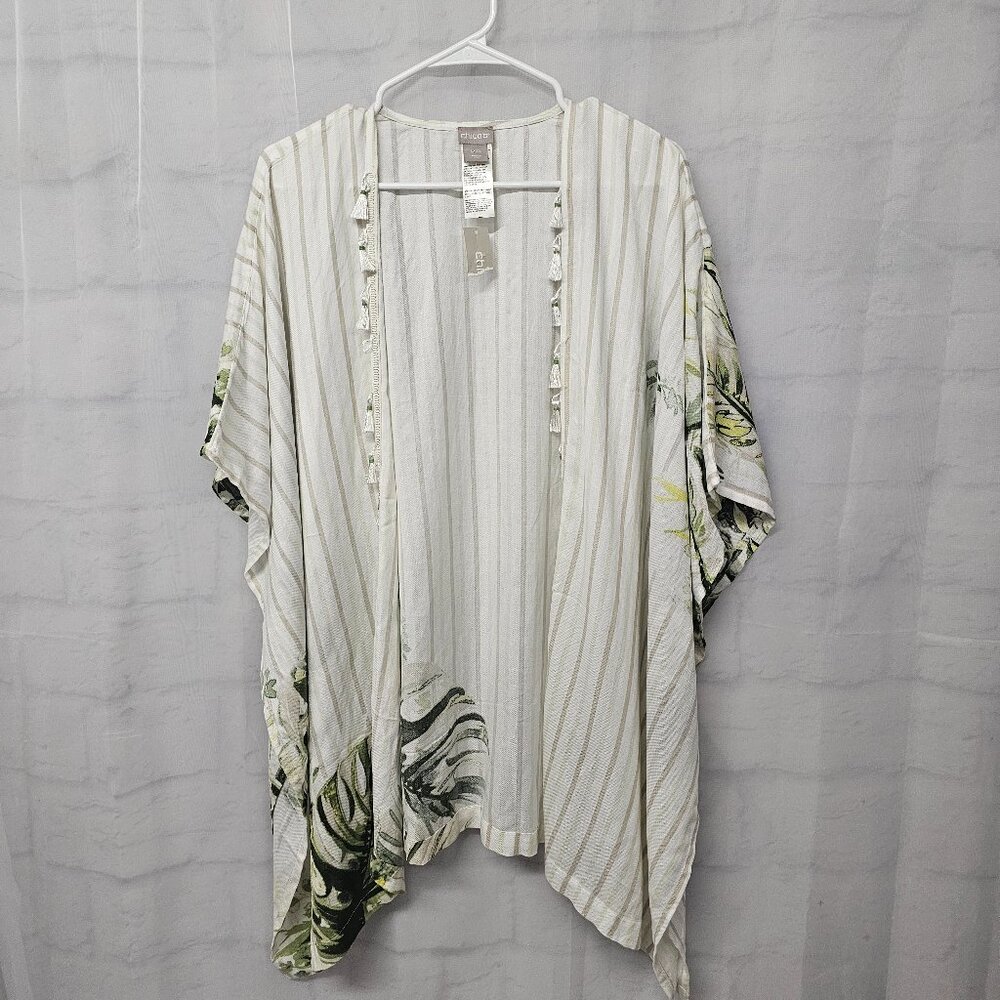 Chico's Kimono Palm White Green Bohemian Tassels Festival L/ XL NWT